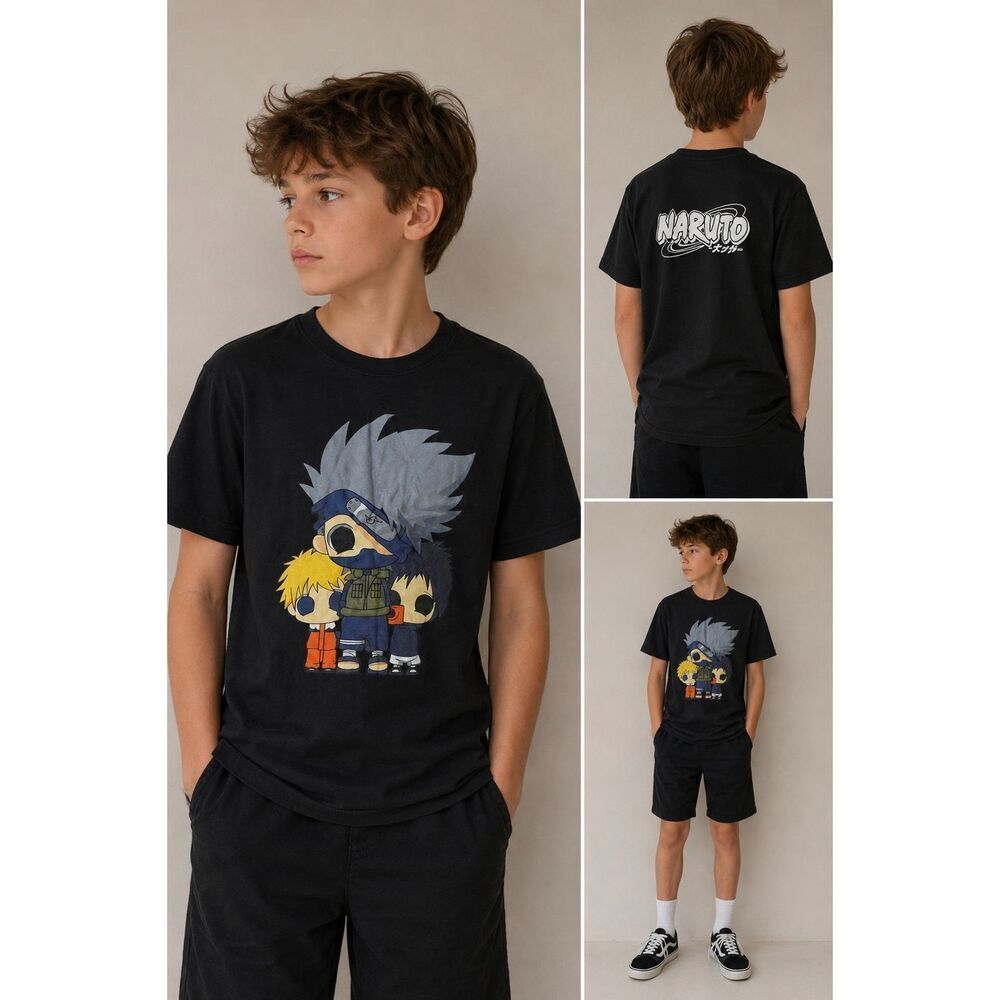 Naruto Anime Graphic T-Shirt Boys Sz M Black Cotton Tee Kakashi Character Shirt